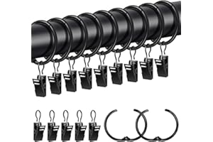Caianwin 20 Stück Gardinenringe mit Clips, Metall Vorhangringe zum öffnen 32mm Innendurchmesser, Gardinenringe Haken für Stange,Duschvorhang(Schwarz)