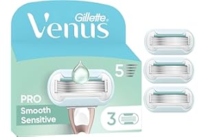 Gillette Venus Lot De 3 Recharges De Rasoir Pour Femmes Pro Smooth Sensitive Pour Peaux Sensibles, AUTHENTIQUES, Cartouches A 3 Lames Et Avec Une Touche D’Aloe Vera Contre Irritation Due Au Rasage