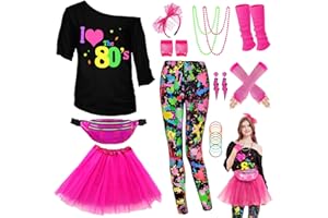 WILDPARTY 80s Fancy Dress For Women, T-shirt, Tutu Skirt, Leggings, Leg Warmers, Necklace, Fishnet Gloves, Neon Costumes Accessories for Retro Theme Party Cosplay