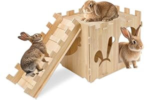 Sbayool Large Wooden Rabbit Castle with Ramp, Rabbit Pig Hideout Detachable Bunny House Indoor Small Animal Houses & Habitats for Adult Bunny Guinea Pig Chinchilla Hide Rest Play