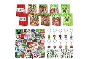 XLZJYIJ Party Mitgebsel Kindergeburtstag, 72 Stück Miner Gamer Gastgeschenke Mitgebsel Set mit Tattoo, Aufkleber, Geschenktüten, Schlüsselanhänger, Kleine Geschenke für Pixel Spiele Theme Party