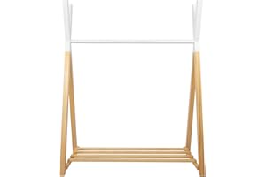 Puckdaddy - Perchero Infantil Hugo 115 x 50 x 142 cm de Pie - Madera Maciza de Pino, Diseño Tipi Blanco Natural - Colgador de Ropa con Zapatero para la Habitación Infantil y del Bebé