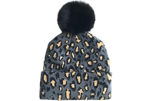 KRUIHAN Czapka z pomponem damskie czapki zimowe dwuwarstwowa czapka termiczna nadruk w panterkę dzianinowe czapki beanie dla kobiet