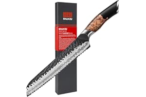 SHAN ZU Cuchillo para Pan Dentado Forjado a Mano, 20cm Cuchillo Panero Afilado, 7 Capas de Acero 10Cr15MOV, Mango de Madera de Arce
