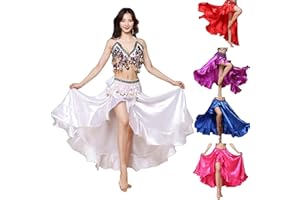 MUNAFIE Falda de satén para danza del vientre, falda larga de lado partido, falda de danza brillante, ropa de rendimiento para festivales