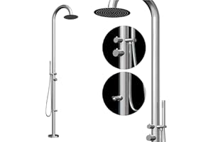 Four & More Designer Gartendusche Außendusche Pooldusche Regendusche Duschsäule Dusche aus gebürstetem V4A / 316 Edelstahl Modell NOE mit Warm- & Kaltwasseranschluß für den Garten