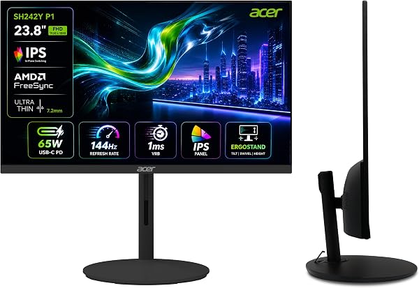 Acer SH242Y P1 23.8 Inch FHD IPS Gaming Monitor I 144Hz Refresh Rate I 1ms VRB I USB Type-C 65W PD I AMD FreeSync I Ultra Slim Design I ErgoStand I HDMI I Built