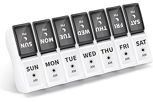 Opret Weekly Pill Organiser, Small Pill Box 7 Day 2 Times a Day for AM PM, Portable Travel Tablet Organiser with 14 Removable Compartments, for Vitamins Supplements Medication (Black & White)