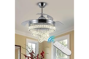 diisunbihuo 42" Chrome Dimmable Fandeliers Modern Crystal Invisible Chandelier Ceiling Fan with 3 LED Color Change Lights with Memory Function
