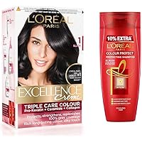 L'Oreal Paris Excellence Creme Hair Color, 1 Black, 72ml+100g And L'Oreal Paris Color Protect Shampoo, 175ml (With 10% Extra)