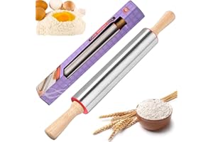 JOKILY Rodillo Amasar Acero Inoxidable, Rodillo de Cocina para amasar con Mango de Madera, Rodillo de Amasar de Acero para amasar Fino, Rodillo para repostería o pastelería