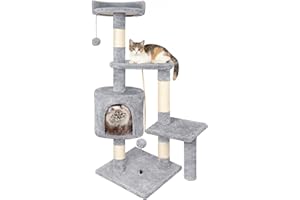 HOMIDEC Tiragraffi per Gatti,112cm Multifunzionale Alberi Tiragraffi Stabile con 4 Pali in Sisal,3 Piattaforme e 1 Cuscino per Albero Gatti Ideale per Gioco e Relax-Grigio
