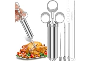 JOKAPY Seringue à viande en acier inoxydable avec 3 aiguilles de seringue à marinade et 2 brosses de nettoyage, seringue pour viande 60 ml/2 oz seringue à épices pour bœuf, poulet, confiture à remplir