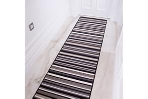 The Rug House Luna Stripes Black Bordered Classic Anti Slip Easy Clean Durable Washable Hallway Runner Rugs