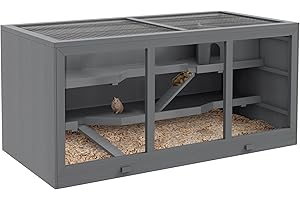 PawHut Wooden Hamster Cage, Small Animal Habitat with Tray, Openable Top, Gerbil Cage for Dwarf Hamster, Grey