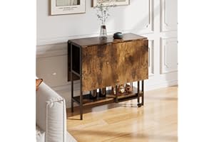 Warmiehomy Wooden Folding Dining Table Foldable Mobile Drop Leaf Dinner Table on Wheels with Storage Shelves for Apartment Kitchen Dining Room, Space Saving, Industrial Vintage Brown