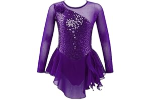 Freebily Abito da Pattinaggio Artistico Bambina Paillettes Glitter Vestito Danza Classica Leotards Manica Lunga Body da Ballo Latino Jazz Samba Rumba Balletto Danza Moderna