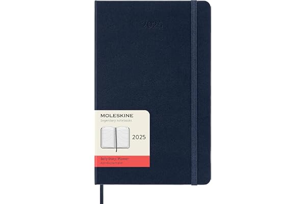 Moleskine Daily Planner, Agenda Journalier 12 Mois 2025, Couverture Rigide et Fermeture Élastique, Couleur Bleu Saphir, Format Large 13x21 cm