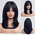 MISS LIRENN® Layered wig with bangs Synthetic wig Glueless Heat Resistant Fiber Hair Synthetic for Fashion Women Daily Party, 22 Inch Long (Shoulder Length), Black Color + 02 Wig Cap Free (Black2)