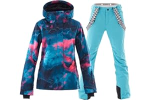 ALSOGO Damska kurtka narciarska i spodnie narciarskie, zestaw 2-częściowy, kombinezon śniegowy 10 000 mm słupa wody, oddychające, na szelkach, wiatroszczelne spodnie śniegowe ze zdejmowanym kapturem,