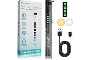 RISEMART Diagnostikleuchte Medizinische, Wiederaufladbare LED Pupillenleuchte mit Akku-Anzeige, Warmes/Kühles Weiß & Stufenlose Dimmung, Tragbare Aluminium Medizinische Digital Penlight