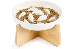 IDOGCHEW Gamelle Anti Glouton Céramique Surélevée Chat, Assiette Régime avec Support Bambou Anti Vomissement pour Chat Glouton, Bol Plat pour Chaton Alimentation Lente, Rond, Beige