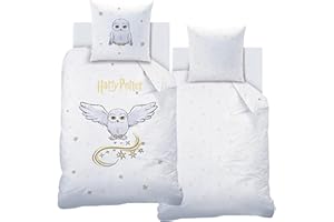 MTONLINEHANDEL Bettwäsche 135x200 Flanell, Biber Harry Potter Hedwig, kuschelig weich für Herbst & Winter, Kissenbezug 80x80 + Bettbezug 135x200, 100% Baumwolle, Hogwarts Eule in Weiß