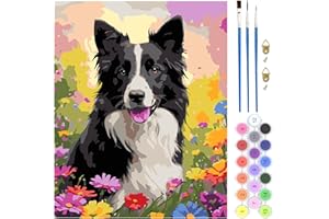 QENSPE Peinture par Numéro Adulte, DIY Paint by Numbers Kit avec 3 Pinceaux et Peintures Acryliques, sans Cadre 40 x 50 cm, pour Décoration Murale Maison Cadeau - Fleur et Chien
