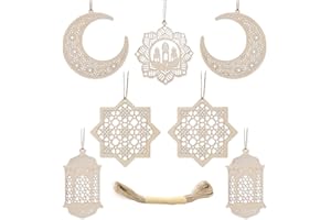 UOQO 7Pcs Eid Mubarak Decorations, Wooden Hanging Eid Decorations for Home, Eid Decor Hanging Ornament, Umrah Mubarak Decoration, Moon Star Light Castle Shape, Ramadan Eid al-Fitr Decorations Gifts