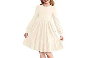 Arshiner Vestido Niña Elegante de Punto Acanalado con Manga Larga y Mangas Abullonadas, Vestidos de Fiesta y Ceremonia, Cuello Redondo, Vestidos Casual A-Line Sólido, 6-14 Años