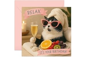 OLD ENGLISH COMPANY Funny Birthday Cards for Women Her - Relax Cat in Spa Greeting Card for Mum Sister Colleague GRandmother Wife Girlfriend BEstie BFF - Square, Blank Inside with Premium Envelope