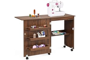 GOPLUS Nähtisch Faltbar, Nähmaschinentisch auf Rollen, Nähschrank Nähmaschinenschrank Computertisch Schreibtisch Arbeitstisch (Braun)