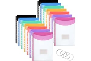 THBOXES Plastic Wallets A4 Punched Pockets, 14 Pack Expandable Folders Plastic Document Files with Button,Tab Card, and 4 Binders for School, Office, Home, Travel（7 Colors）