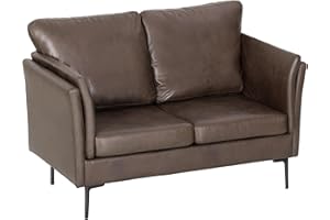 HOMCOM Divano 2 Posti Imbottito in Tessuto Effetto Pelle Traspirante con Braccioli Alti Curvi e Cuscini, Divanetto Salvaspazio Moderno per Soggiorno, Salotto e Studio, 137x72x88 cm, Marrone Scuro