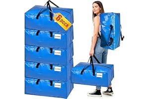 MR.KIANGCI 6 Pack Extra Large Moving Bags,Heavy Duty Storage Boxes with Lids,Storage Bags with Zippers,Backpack Straps&Handles for Moving House Clothes Bedding Duvet Storage,Christmas Decorations,Blue