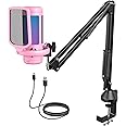 TONOR Gaming Microphone Arm Set, RGB Condenser Mic with Boom Arm, Quick Mute, Adjustable RGB Brightness, Pop Filter, Shock Mount, Gain Control for Streaming, Discord Twitch YouTube,TC310+ Pink