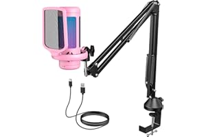 TONOR Gaming Mic, Micrófono USB para PC PS4/5 con Brazo Soporte, Micro Condensador Cardioide con Ajustable RGB Modos y Brillo, Silencio Rápido, Control de Ganancia, para Streaming, TC310+ Rosa
