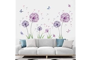 TOARTI 54 Pcs Groß Wandtattoo Löwenzahn,Lila Wandsticker für Kinderzimmer Mädchen,Wandtattoo Pusteblume für Schlafzimmer,Schmetterling Pflanzen Blumen Wandaufkleber für Babyzimmer Wohnzimmer Wanddeko