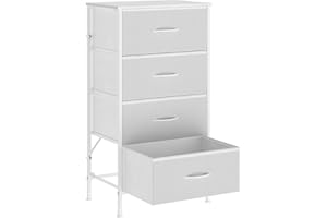 KU Syang Dresser with 4 Drawers - Fabric Chest of Drawers with Large Storage Space, Modern Tall Tower Unit Storage Organiser for Living Room/Bedroom, Wooden Top and Metal Frame (White)