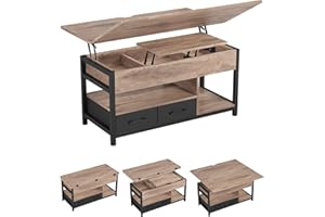 KIMENICH Mesa de Centro de Altura Ajustable, 3 en 1, Multifunción, Mesa de Salón, Mesas de Café con 2 Cajones, Almacenamiento Oculto, Compartimento Abierto, Mesas de Comedor, Sala de Estar, Oficina (Caqui)