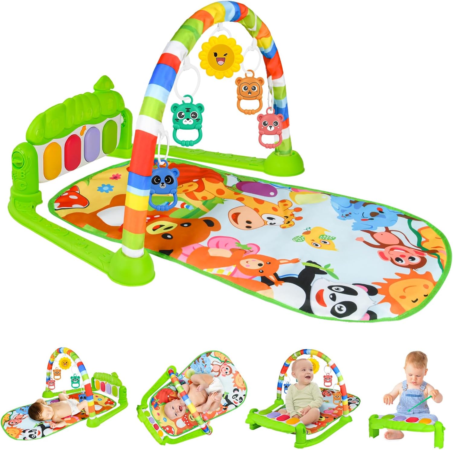 AOMIG Gimnasio De Juegos Para Bebe,Manta de Juego para Bebé con Piano con 3Sonidos y 5Accesorios,Motivo de Animales,Tapete De Juegos Para Bebés de 0-24 Meses que,Alfombra Piano Gimnasio para Bebés
