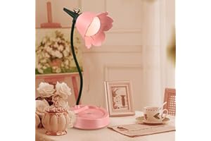 Misvayli LED Flower Desk Lamp, Cordless Lampshade Table Light with 3 Color Modes, Touch Reading USB Rechargeable Eye Protection Night Light, Adjustable Gooseneck Caring Lamp(Pink)