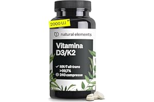 NATURAL ELEMENTS Vitamina D3 + K2 – MK-7 all-trans >99,7% e vitamina D3 2.000 U.I. – 240 compresse – ad alto dosaggio, elevata biodisponibilità – senza additivi inutili