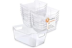 CrowdLox 12 Pack Multi-Use Clear Plastic Storage Bins for Organizing w/Labels - Home, Kitchen, Bathroom, Office, Pantry Cabinet Shelf Organizer Bins