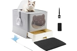 HelloMiao Całkowicie zamknięta kuweta dla kota z pokrywką, typ szuflady, dezodoryzująca, duża, składana, z szuflą z tworzywa sztucznego, odpowiednia dla kotów w każdym wieku