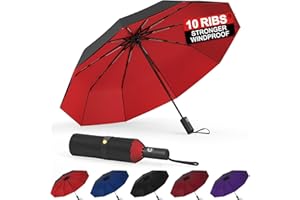 BALORIZ Windproof Double Layer Umbrellas, Compact Travel Folding Umbrella, Auto Open & Close Portable Wind & Rain Resistant Umbrella with 10 Ribs for Men, Women, Children (Red)