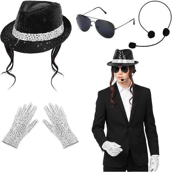 Labreeze Chapeau de gangster trilby blanc à paillettes, gants à paillettes, lunettes d'aviateur style Michael Jackson, ensemble 3 pièces