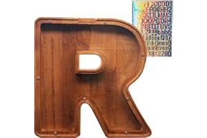 Wooden Letter Piggy Bank – Crefun HM284R New 23 cm/9.1 Inch Large Piggy Bank for Kids for Real Money, Coin Bank for Adult, Personalized Money Box for Home Decoration with Alphabet Stickers for DIY