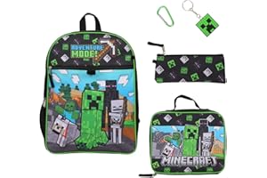 BIOWORLD Juego de 5 piezas de Minecraft: mochila de 16 pulgadas, fiambrera, estuche de utilidad, llavero de goma y mosquetón, Multi colorido, Talla unica