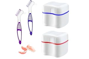 ELITECRAN 2 PCS Denture Bath Cases Set, 2 Denture Storage Case & 2 Cleaning Brushes, Dental False Teeth Holder, Plastic Denture Retainer Box, Double Layer False Teeth Bath Cup with Strainer Basket